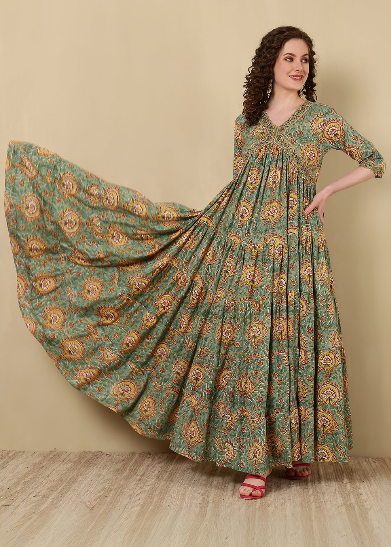Moss Green Cotton Printed Bias Cut Dress