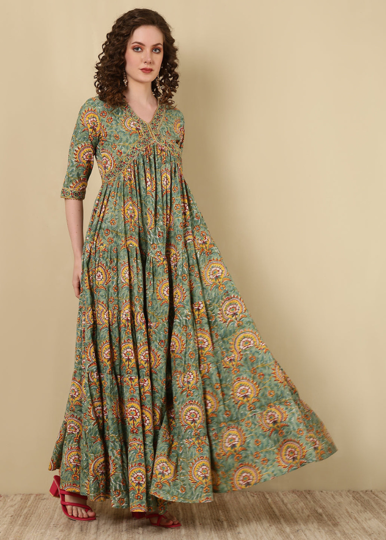 Moss Green Cotton Printed Bias Cut Dress