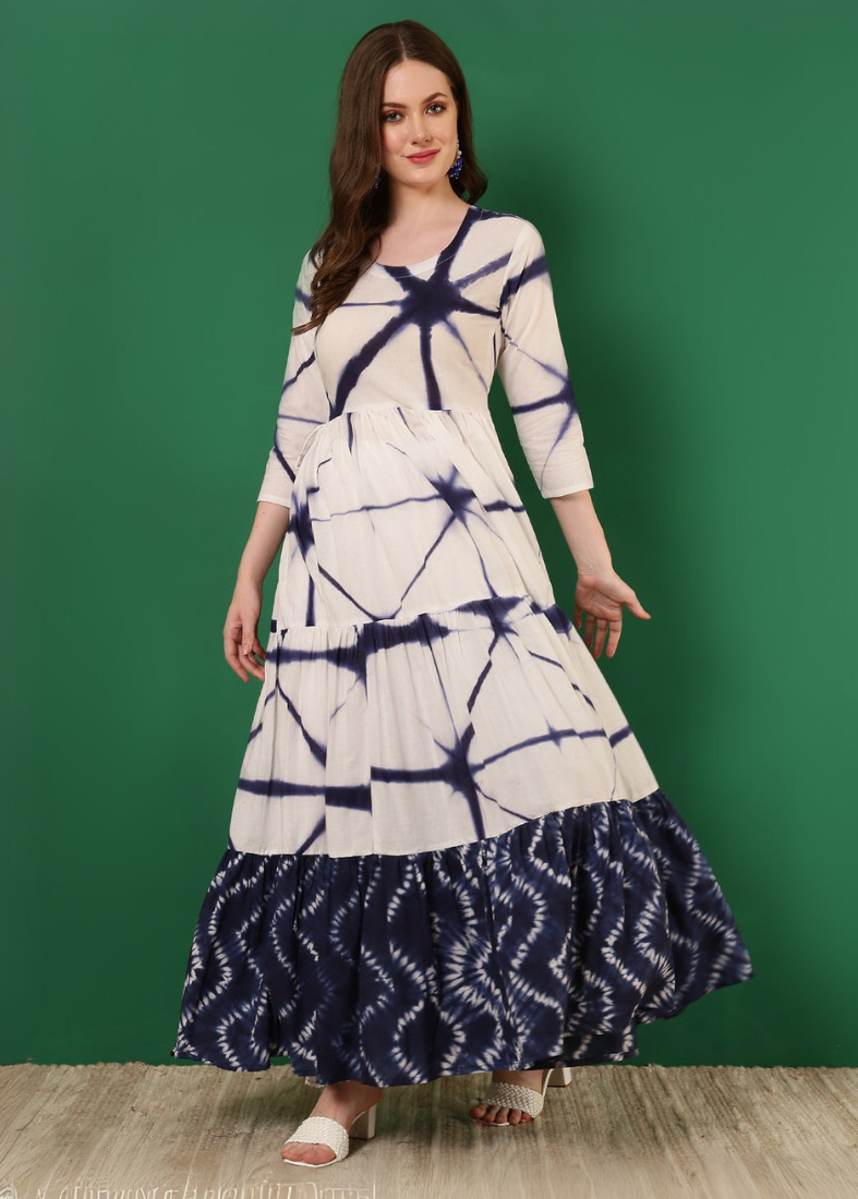 Off-White Cotton Printed Bias Cut Dress