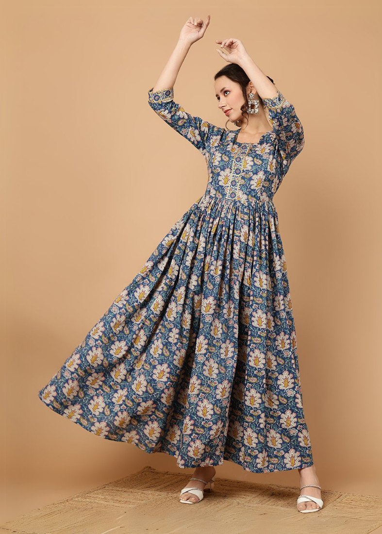 Blue Cotton Printed Bias Cut Dress