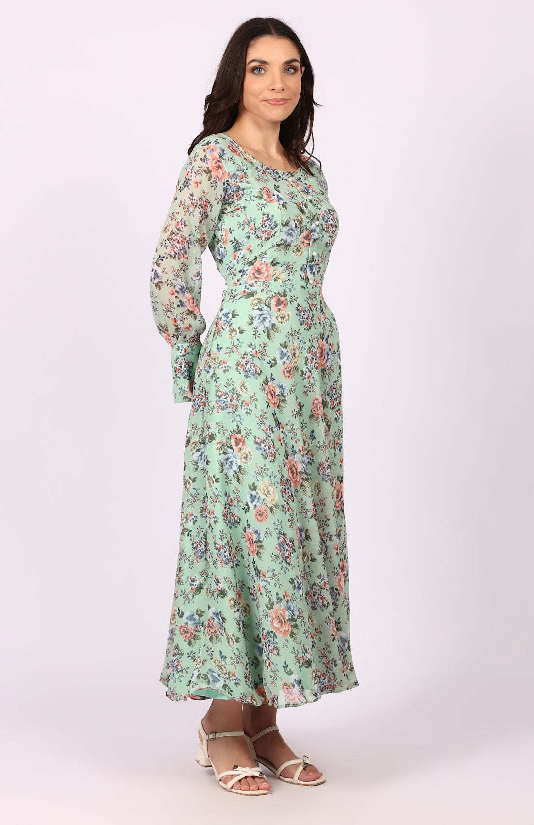 Green Georgette Bias Cut Dress