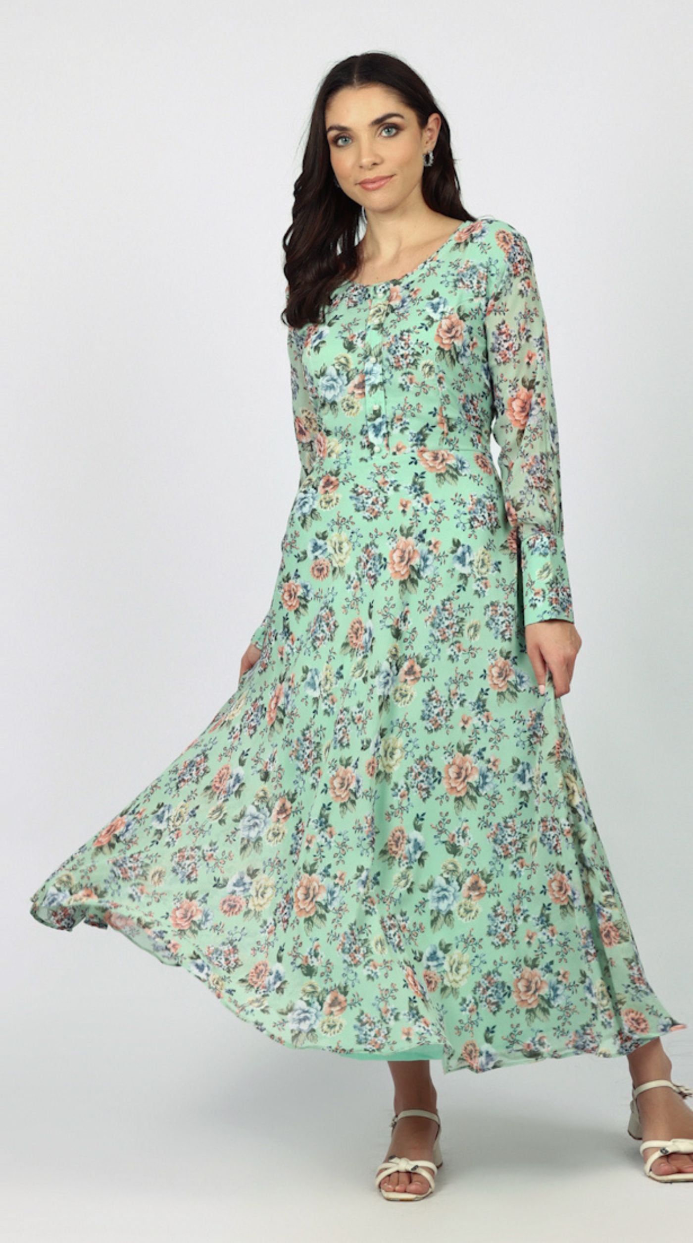 Green Georgette Bias Cut Dress