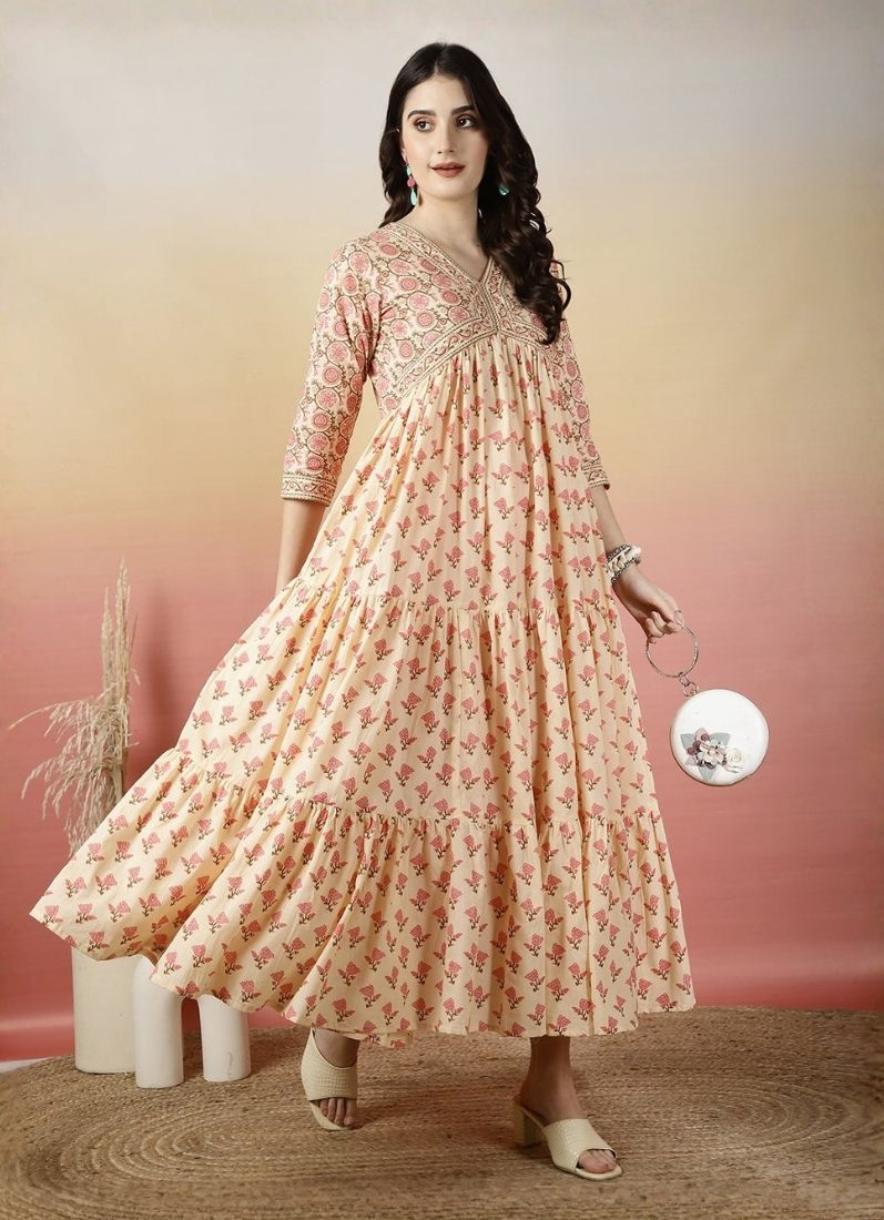 Beige Cotton Flared Printed Dress