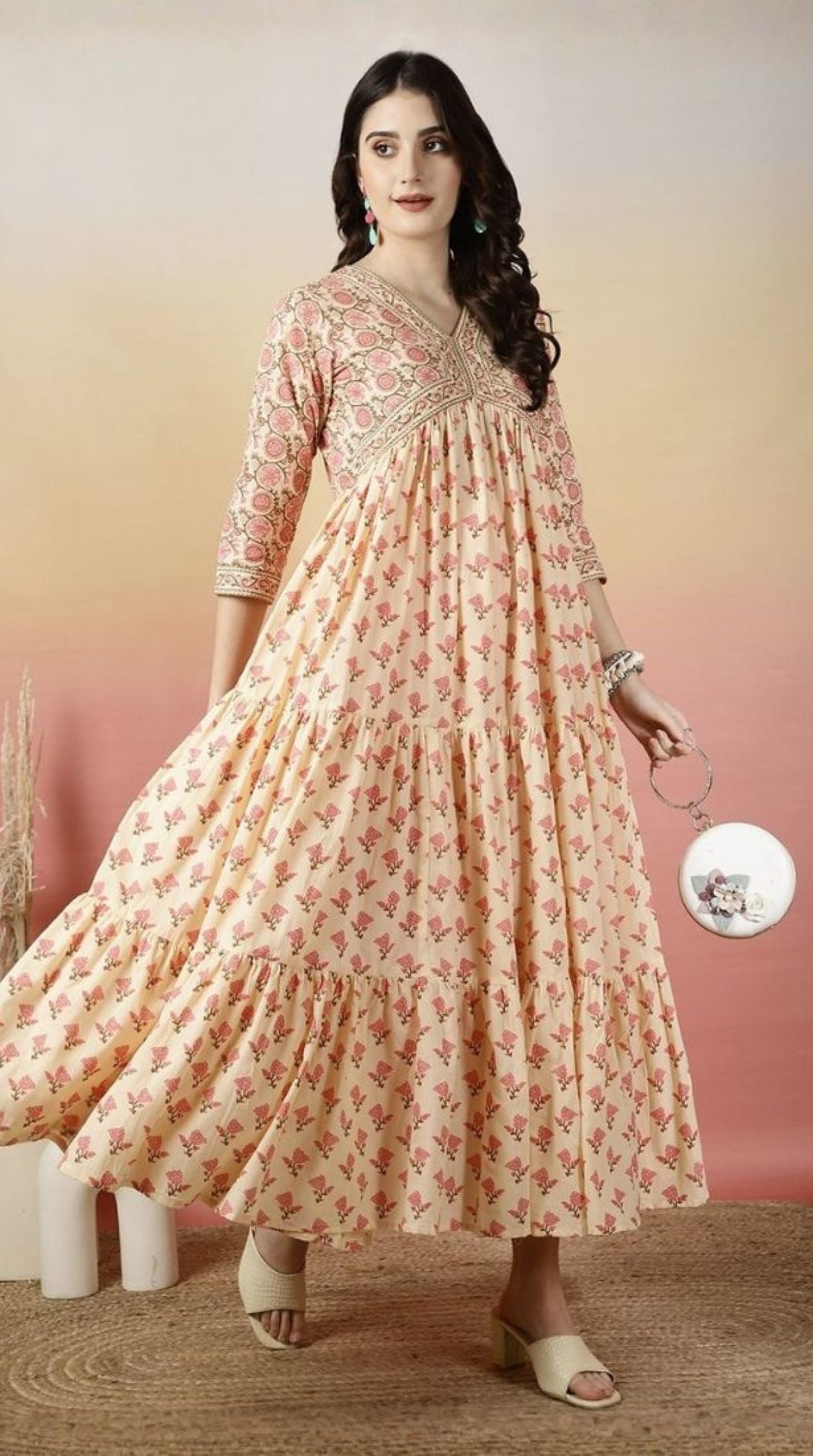Beige Cotton Flared Printed Dress