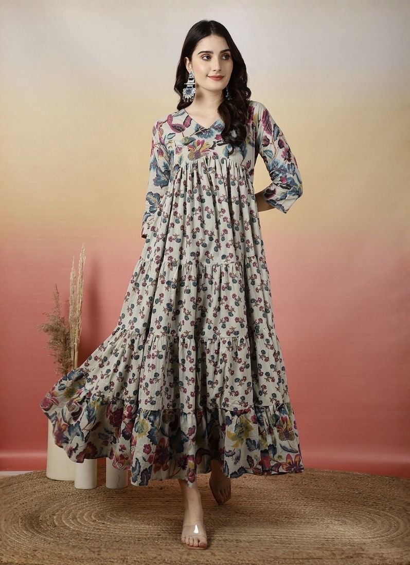 Grey Cotton Flared Printed Dress