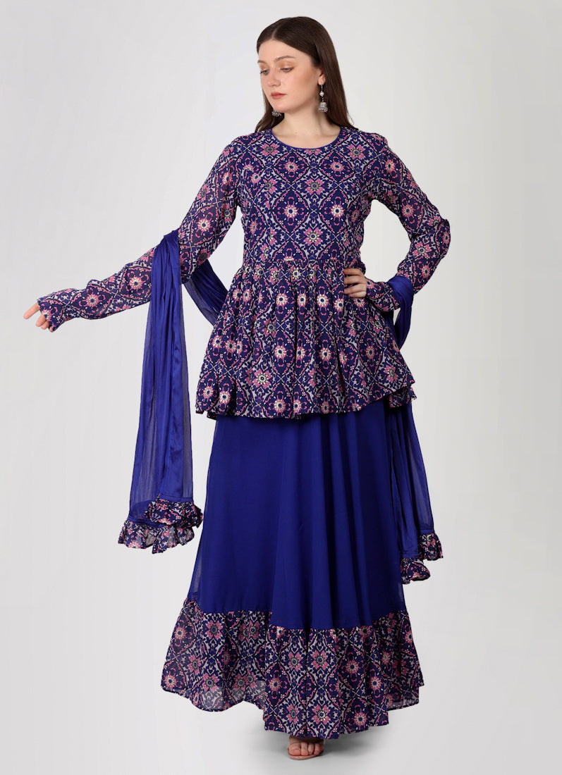 Purple Georgette Peplum Style Lehenga Set