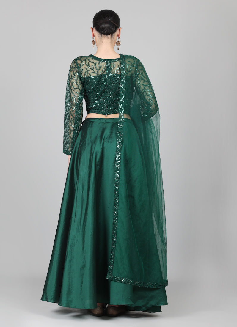 Dark Green Net Sequins Embroidered Lehenga Set