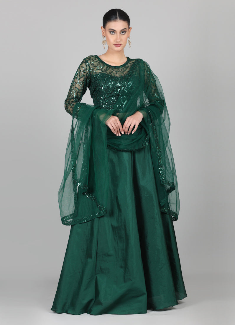 Dark Green Net Sequins Embroidered Lehenga Set