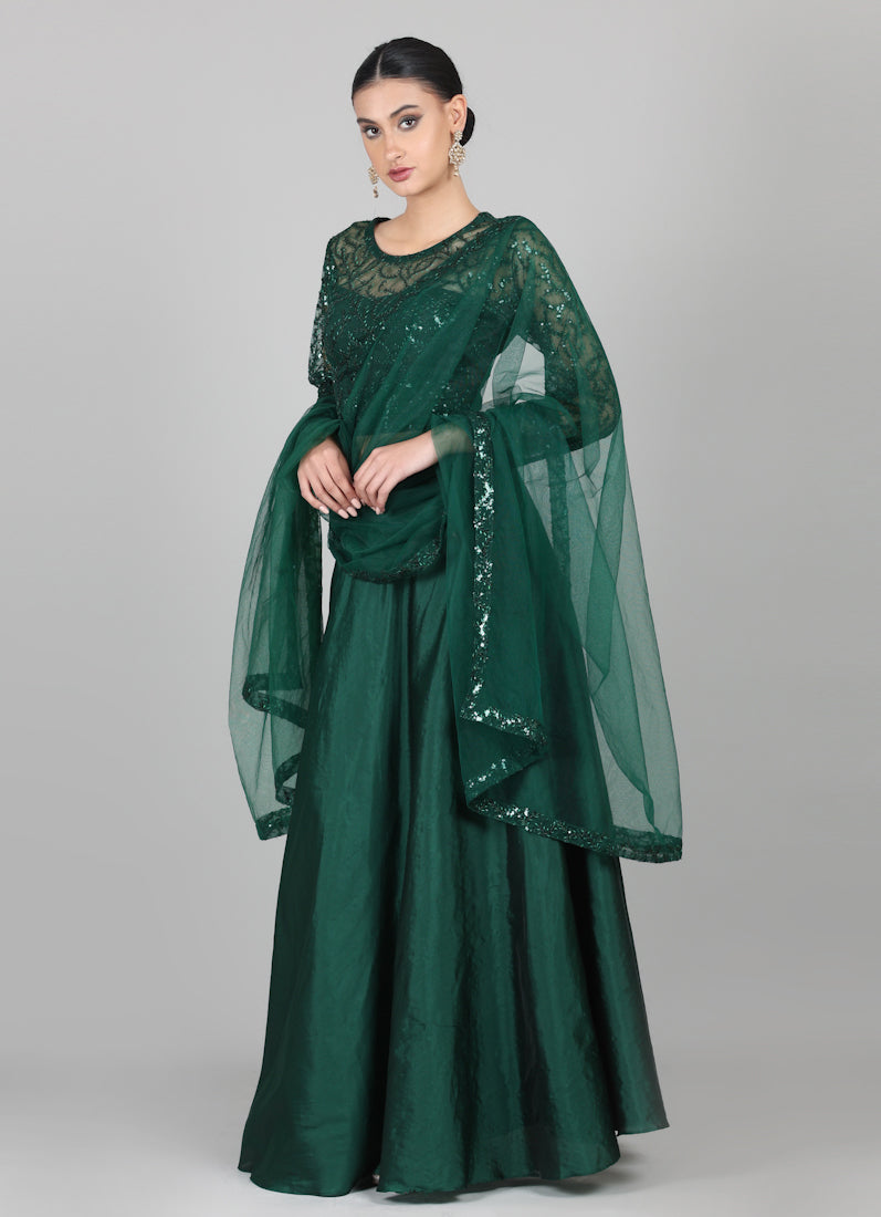 Dark Green Net Sequins Embroidered Lehenga Set