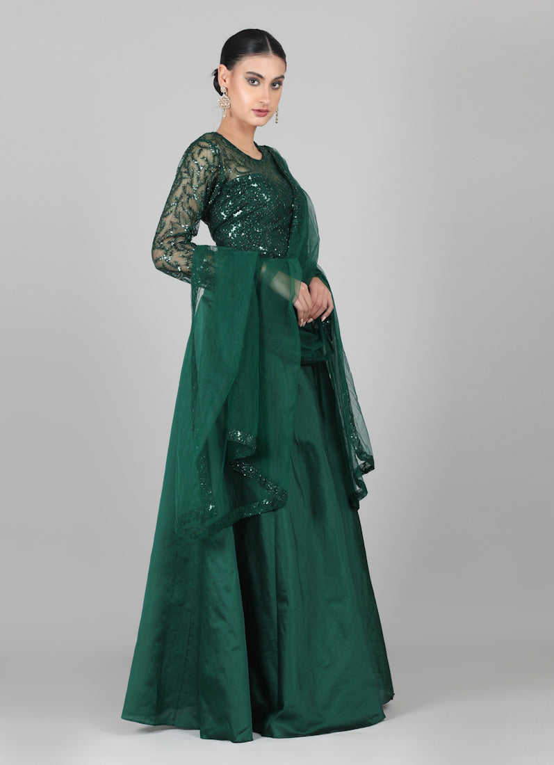 Dark Green Net Sequins Embroidered Lehenga Set