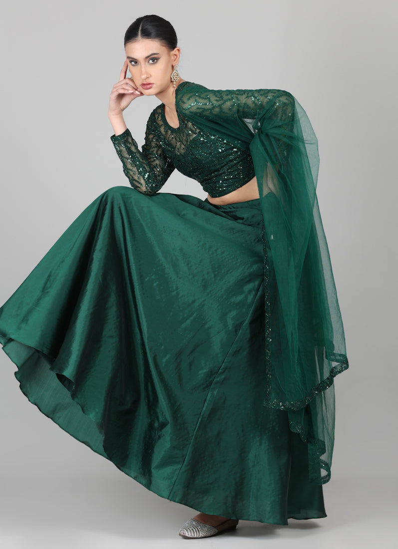 Dark Green Net Sequins Embroidered Lehenga Set