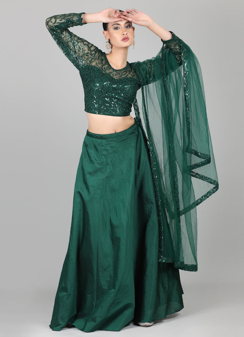 Dark Green Net Sequins Embroidered Lehenga Set