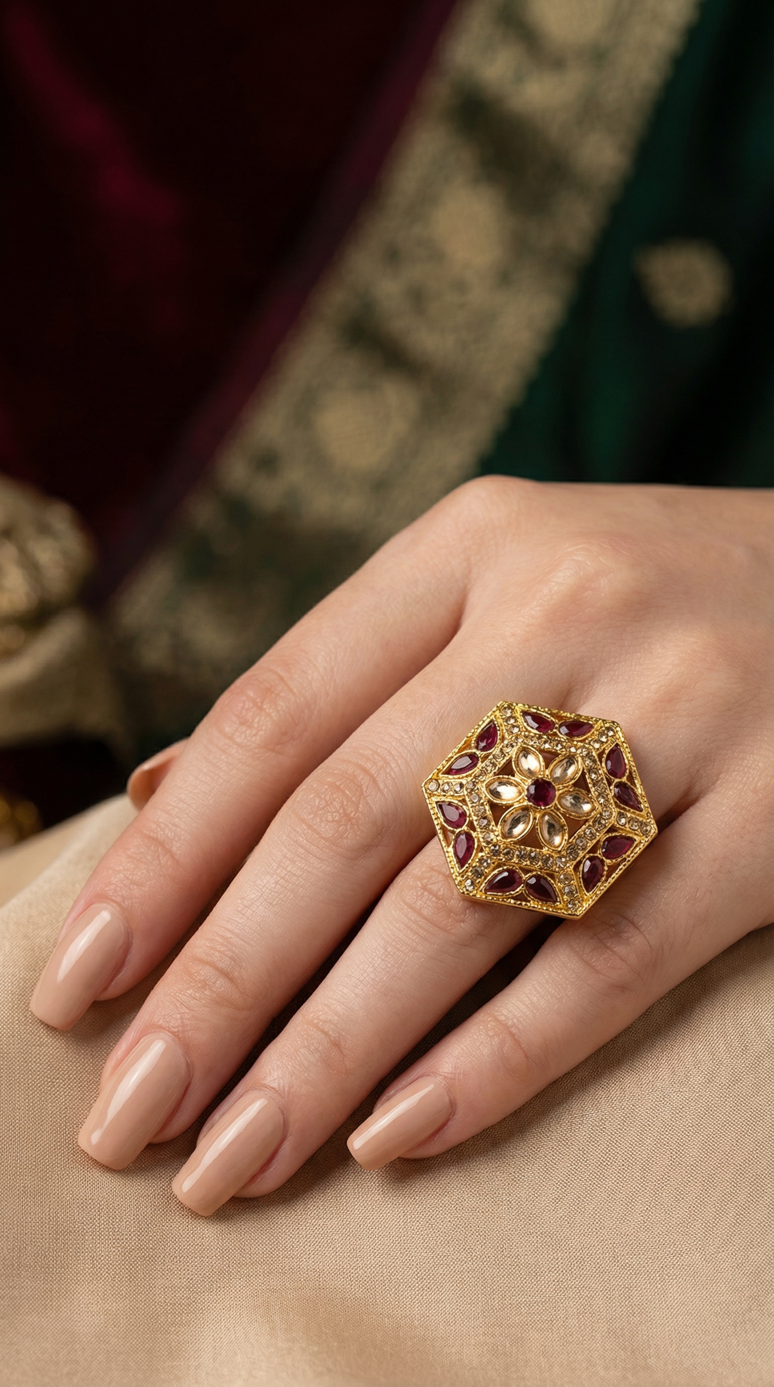 Maroon Gold Plated Adjustable Finger Ring with Diamonte & Bead