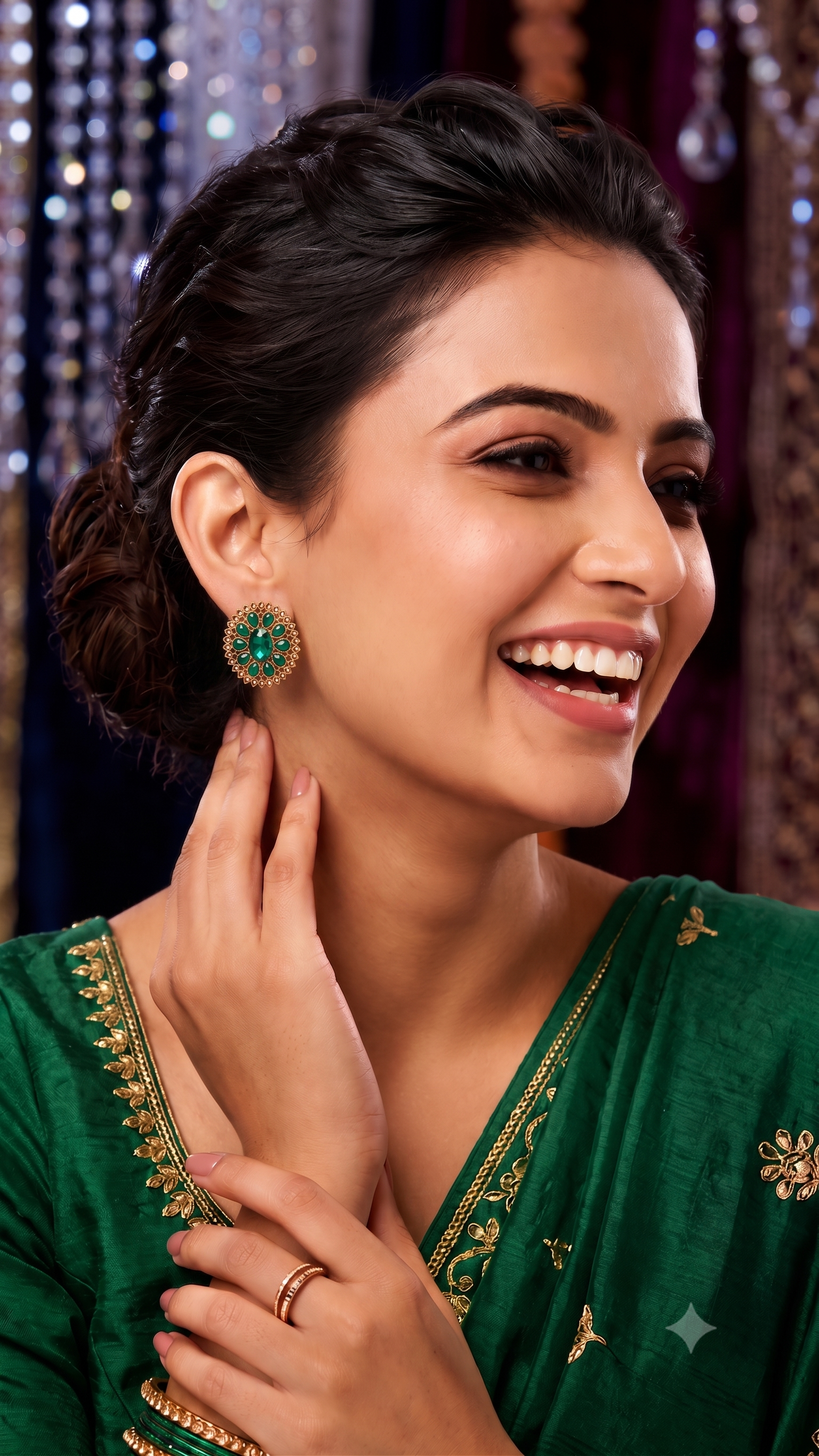 Emerald crystal stellar earrings with oval silhouette and shimmering stone accents