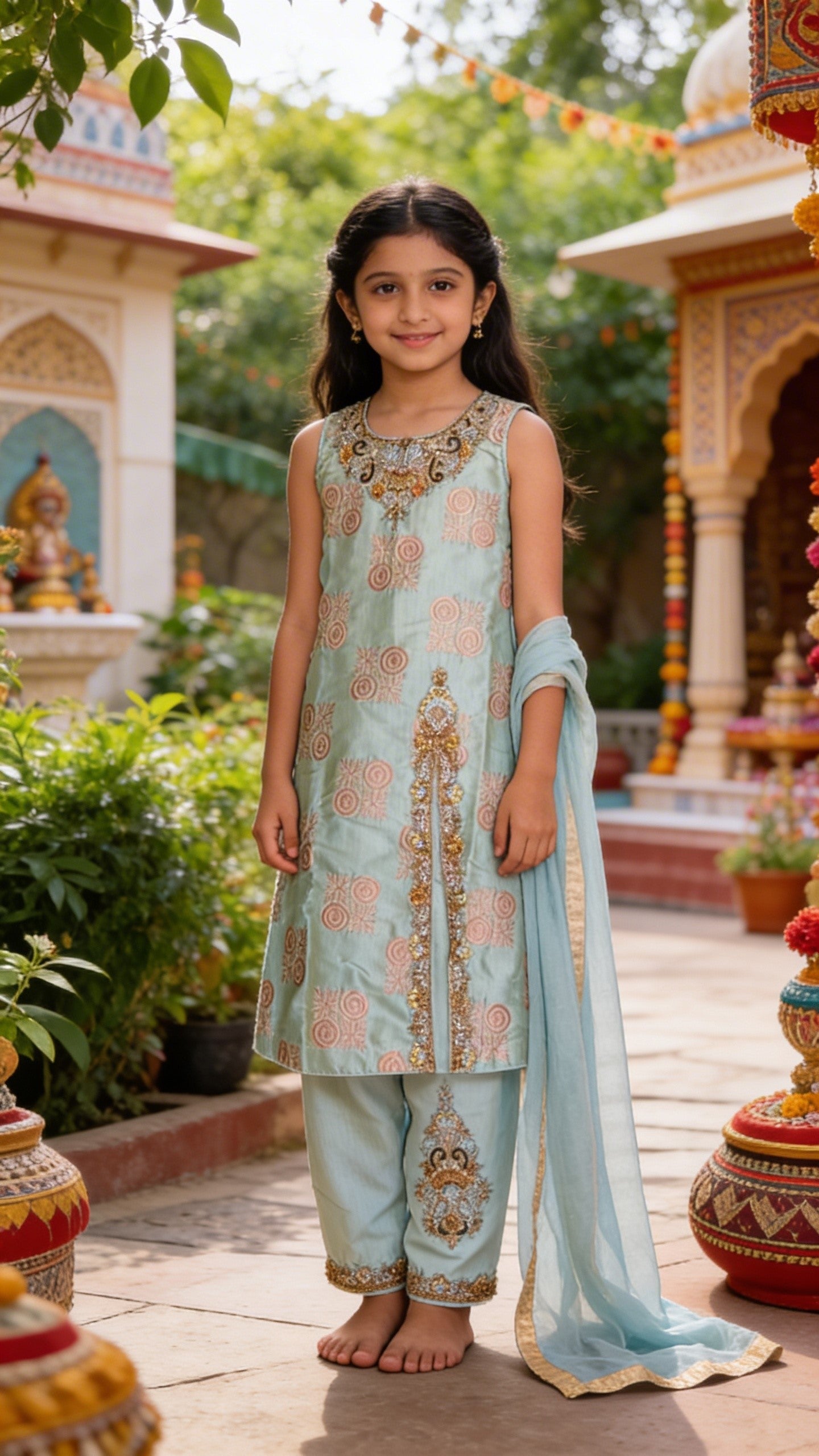 Girls Brocade Light Green Party Wear Set