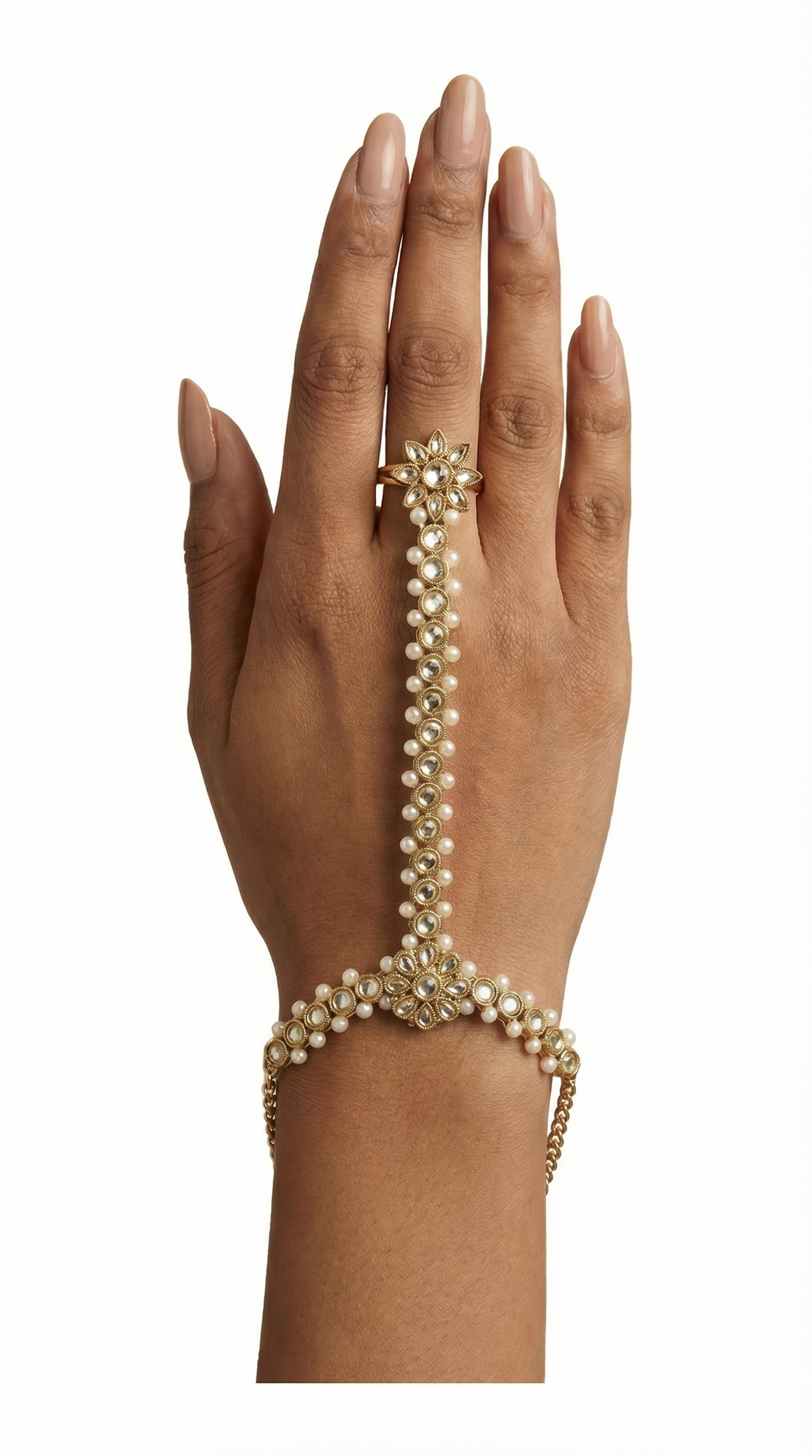 Gold Plated Pearl Hand Panja with Ring & Chain
