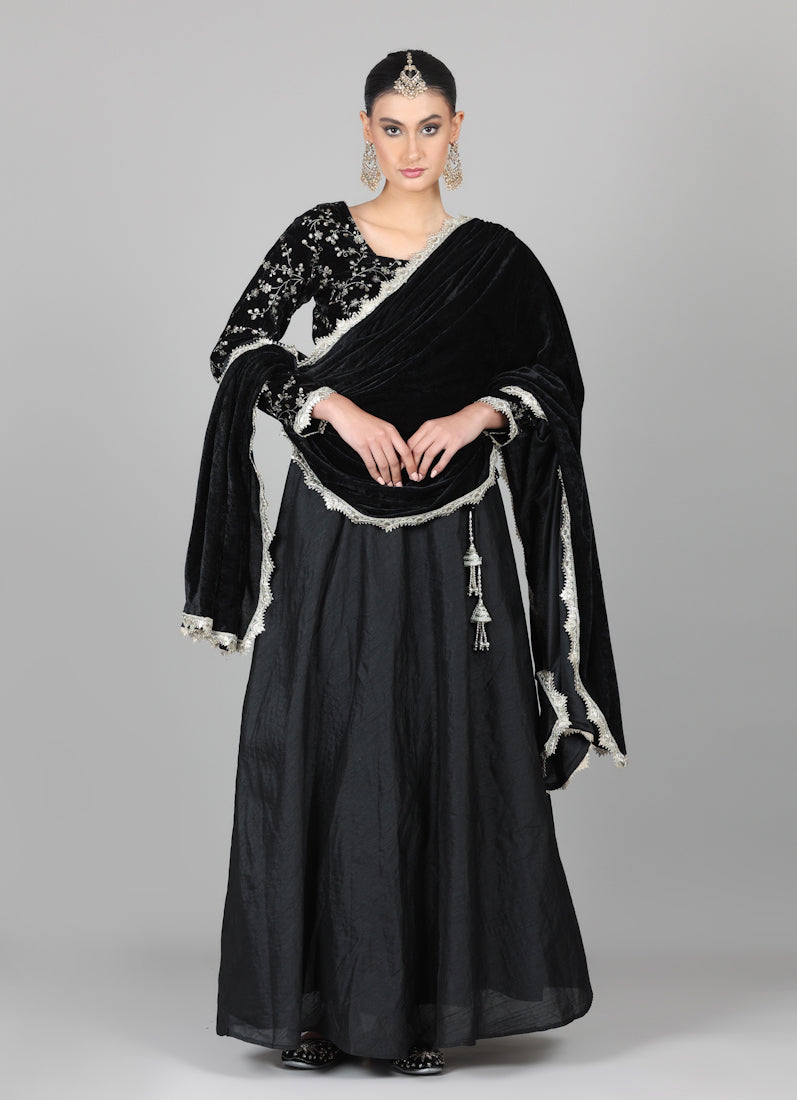Black Velvet Sequins Embroidered Lehenga Set