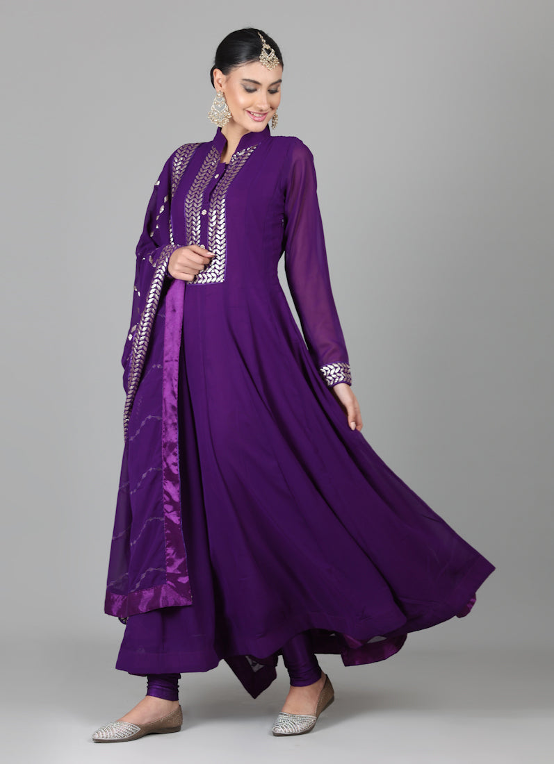Purple Georegtte Anarkali Suit Set