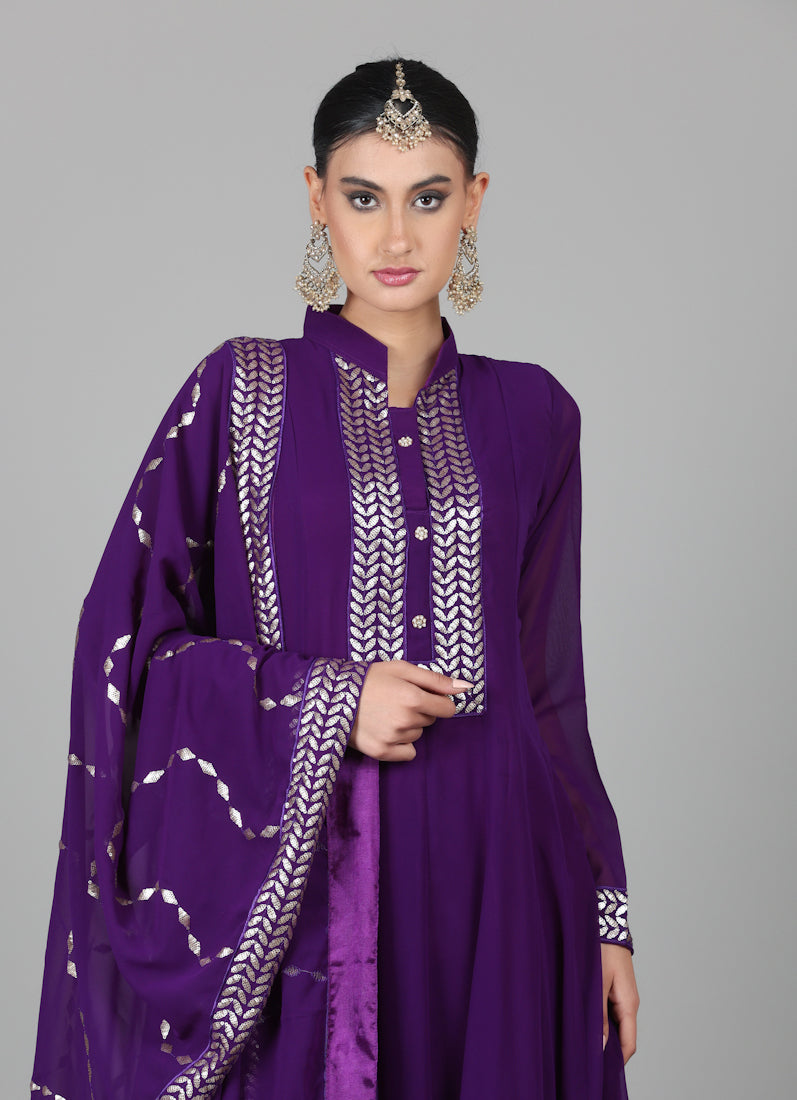 Purple Georegtte Anarkali Suit Set