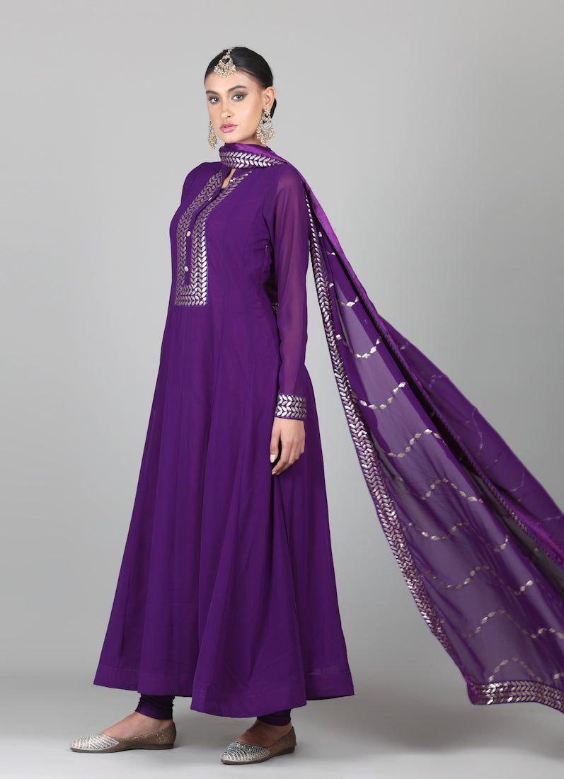Purple Georegtte Anarkali Suit Set