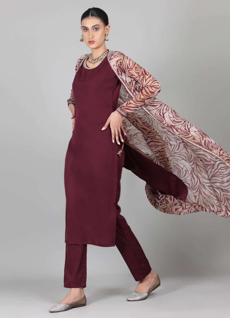 Wine A-line Jacket Style Suit Set