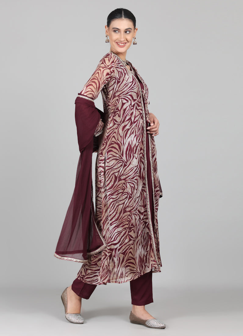 Wine A-line Jacket Style Suit Set