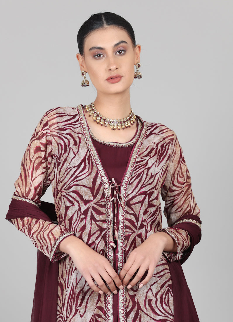 Wine A-line Jacket Style Suit Set
