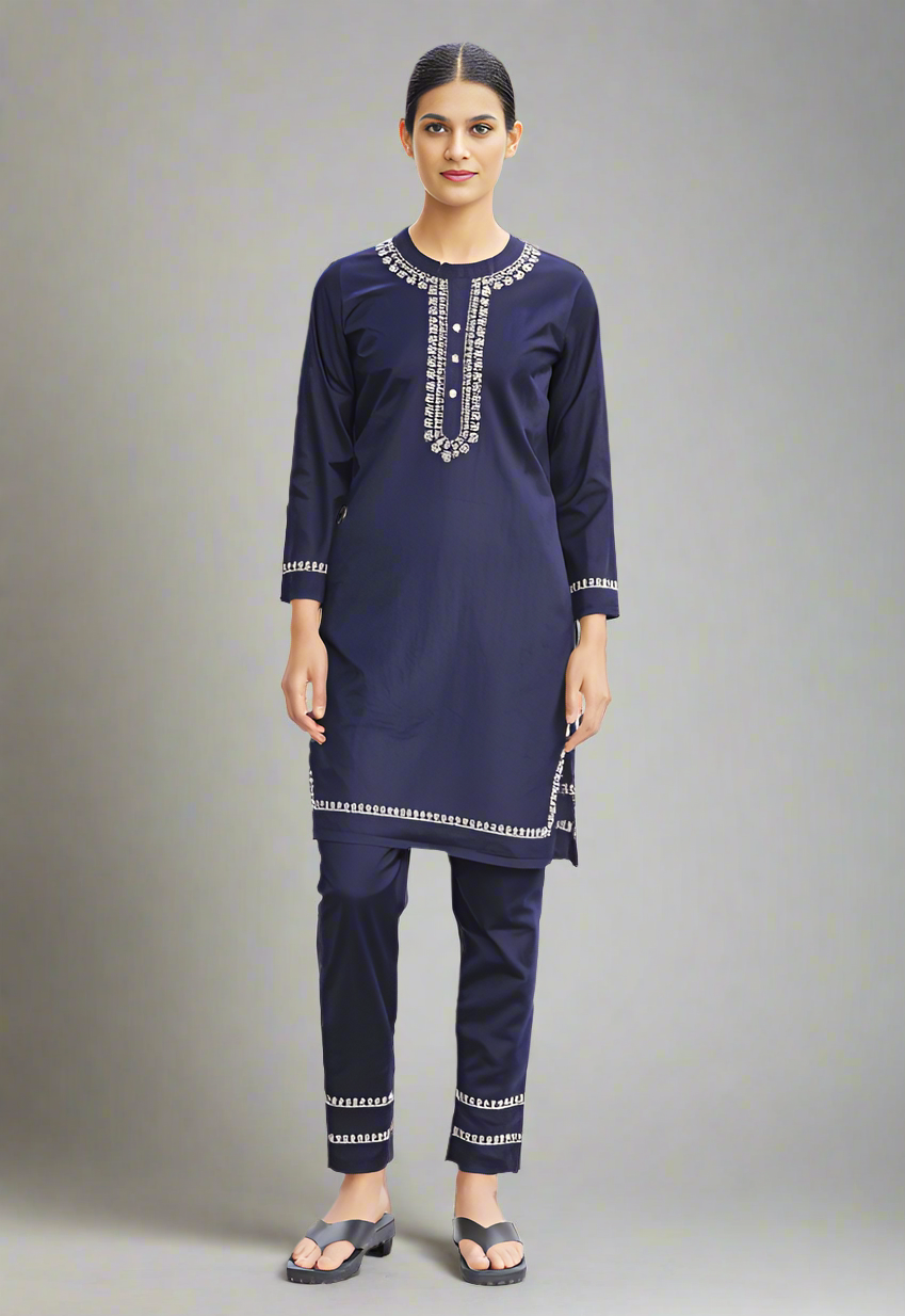 Navy Blue Linen Embroidered Co-ord Set