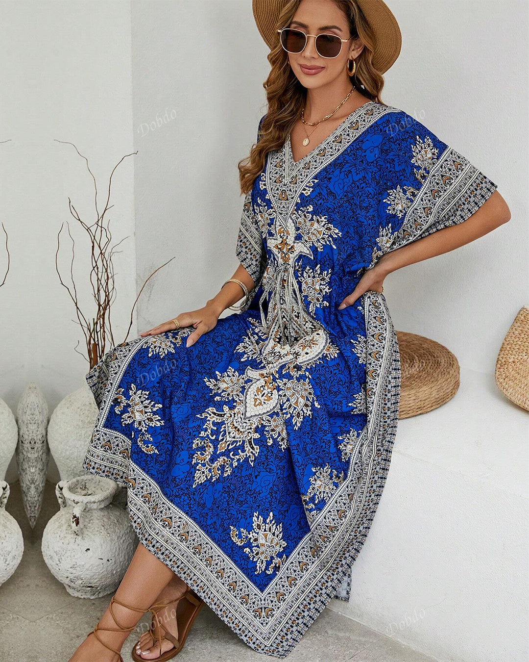 Royal Blue Printed Viscose Kaftan One Size
