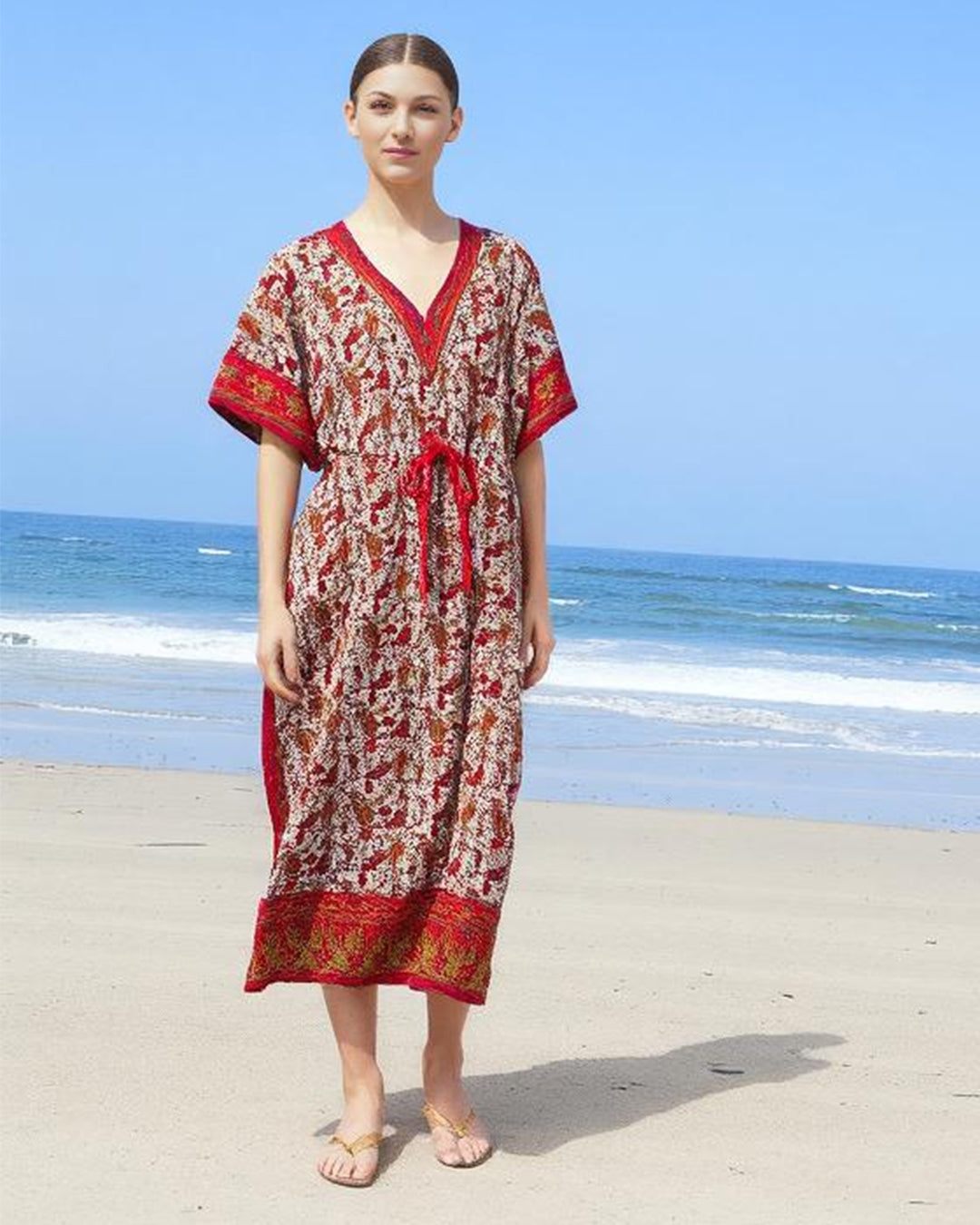 Red Printed Viscose Kaftan One Size