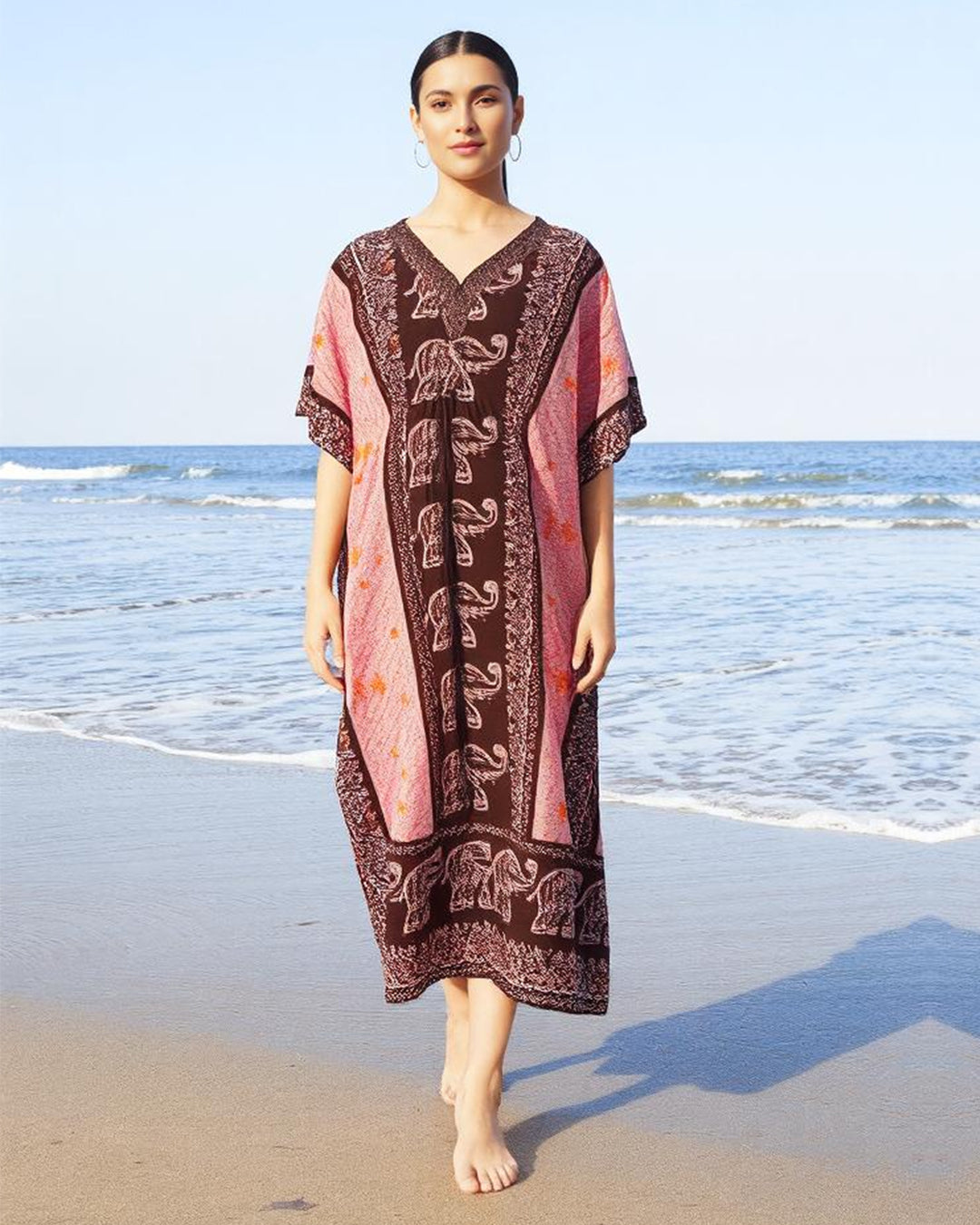 Brown Printed Viscose Kaftan One Size