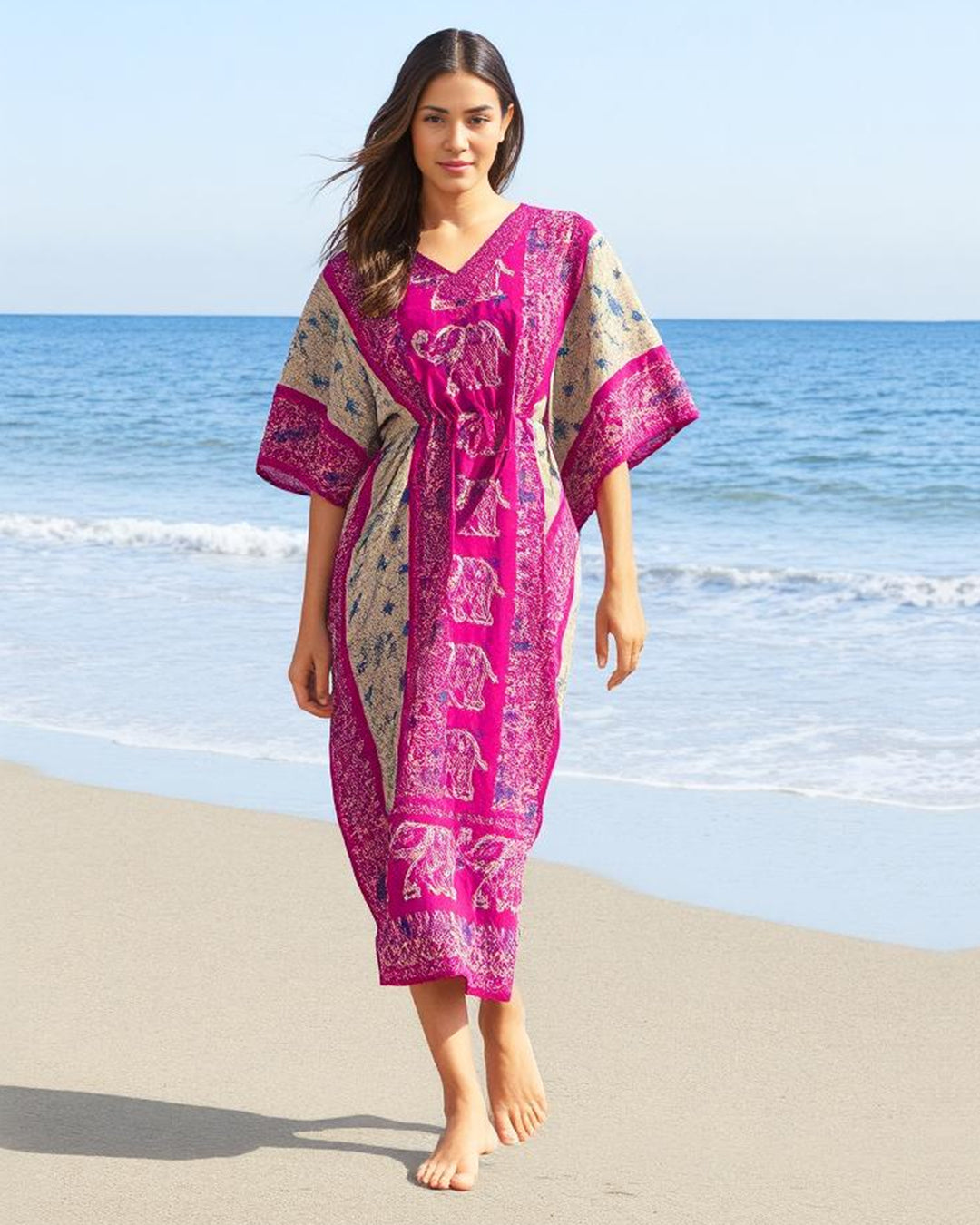 Pink Printed Viscose Kaftan One Size