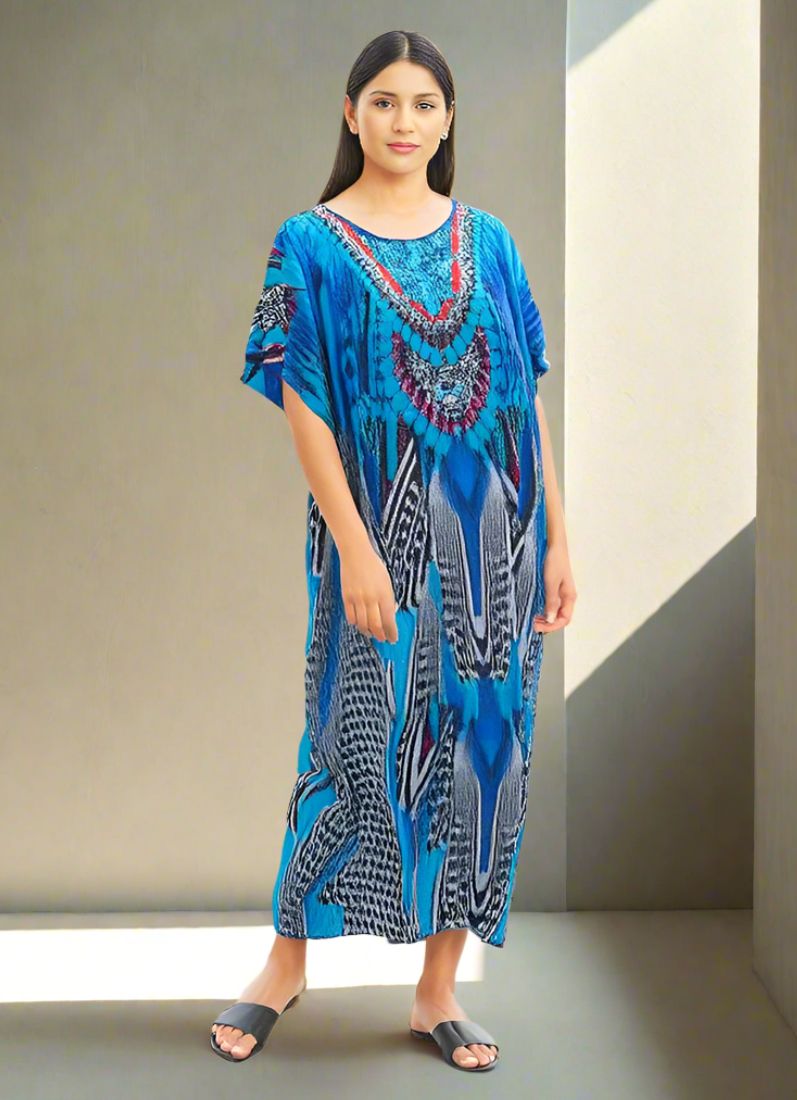 Blue Digital Print Kaftan With Silver Stone Embroidery