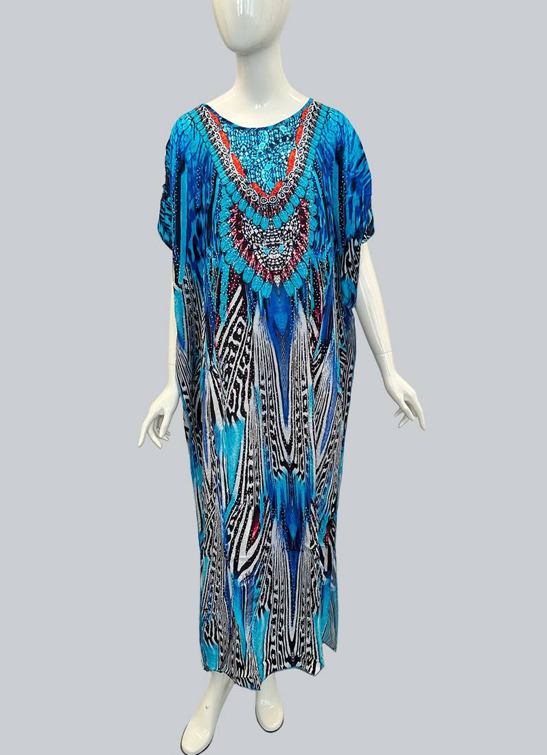 Blue Digital Print Kaftan With Silver Stone Embroidery
