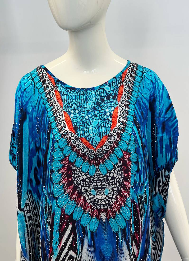 Blue Digital Print Kaftan With Silver Stone Embroidery