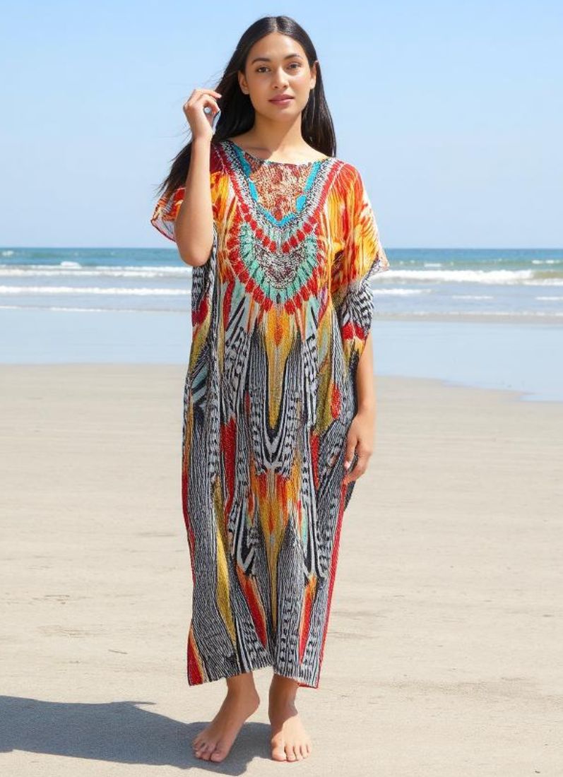 Orange Digital Print Kaftan With Silver Stone Embroidery