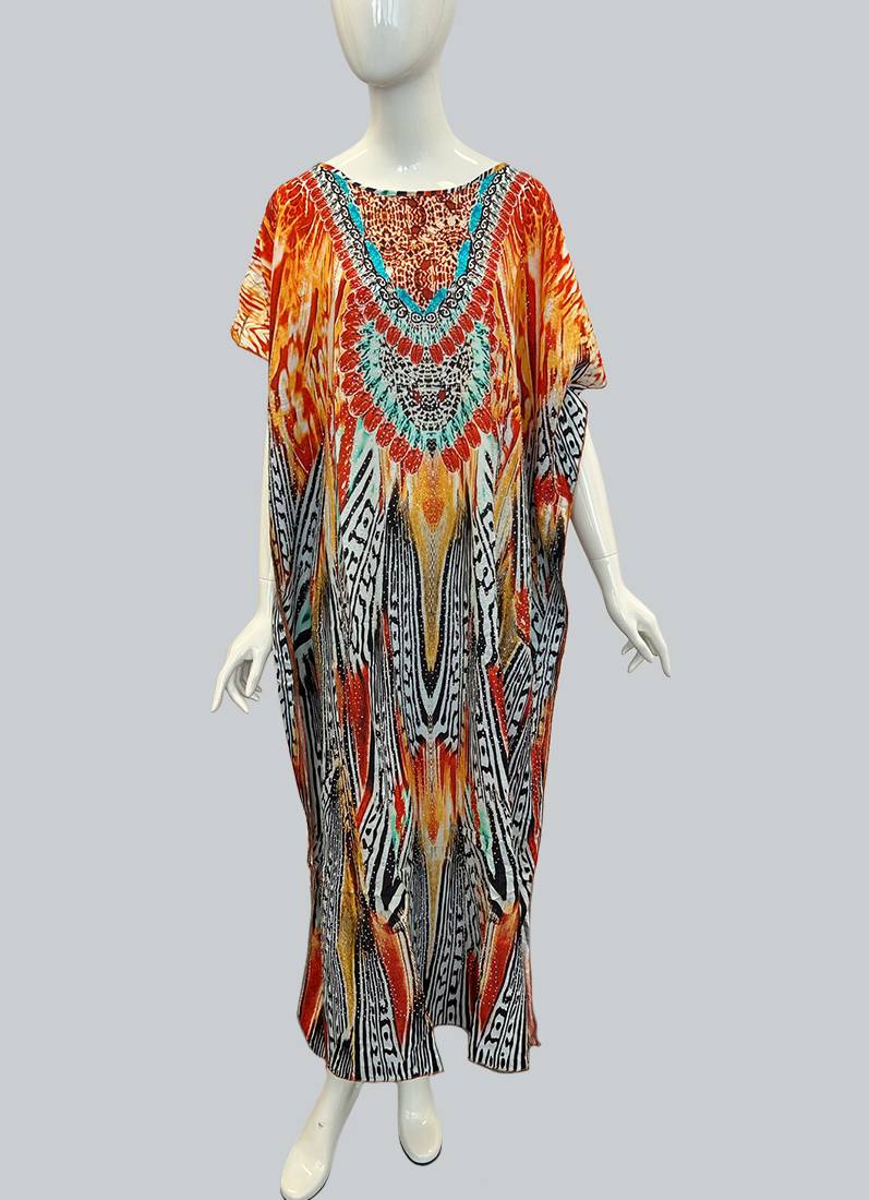 Orange Digital Print Kaftan With Silver Stone Embroidery