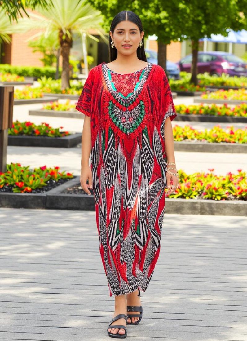 Red Digital Print Kaftan With Silver Stone Embroidery