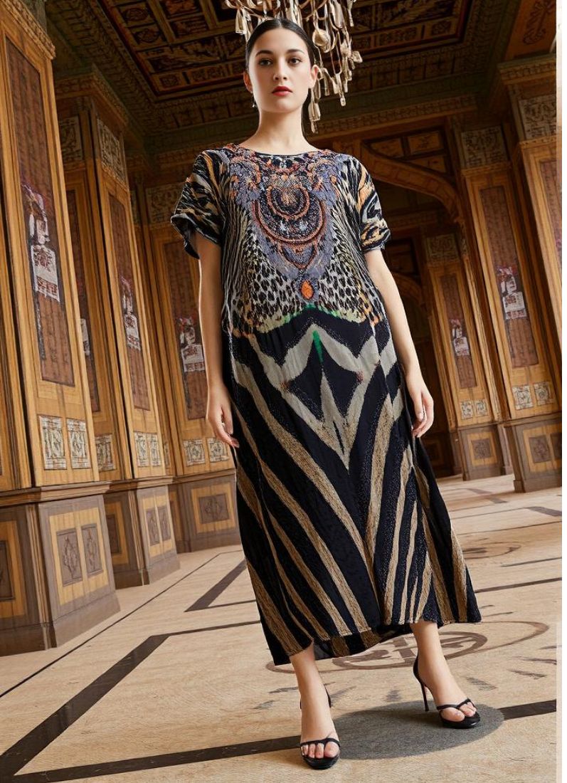 Black Digital Print Kaftan With Silver Stone Embroidery