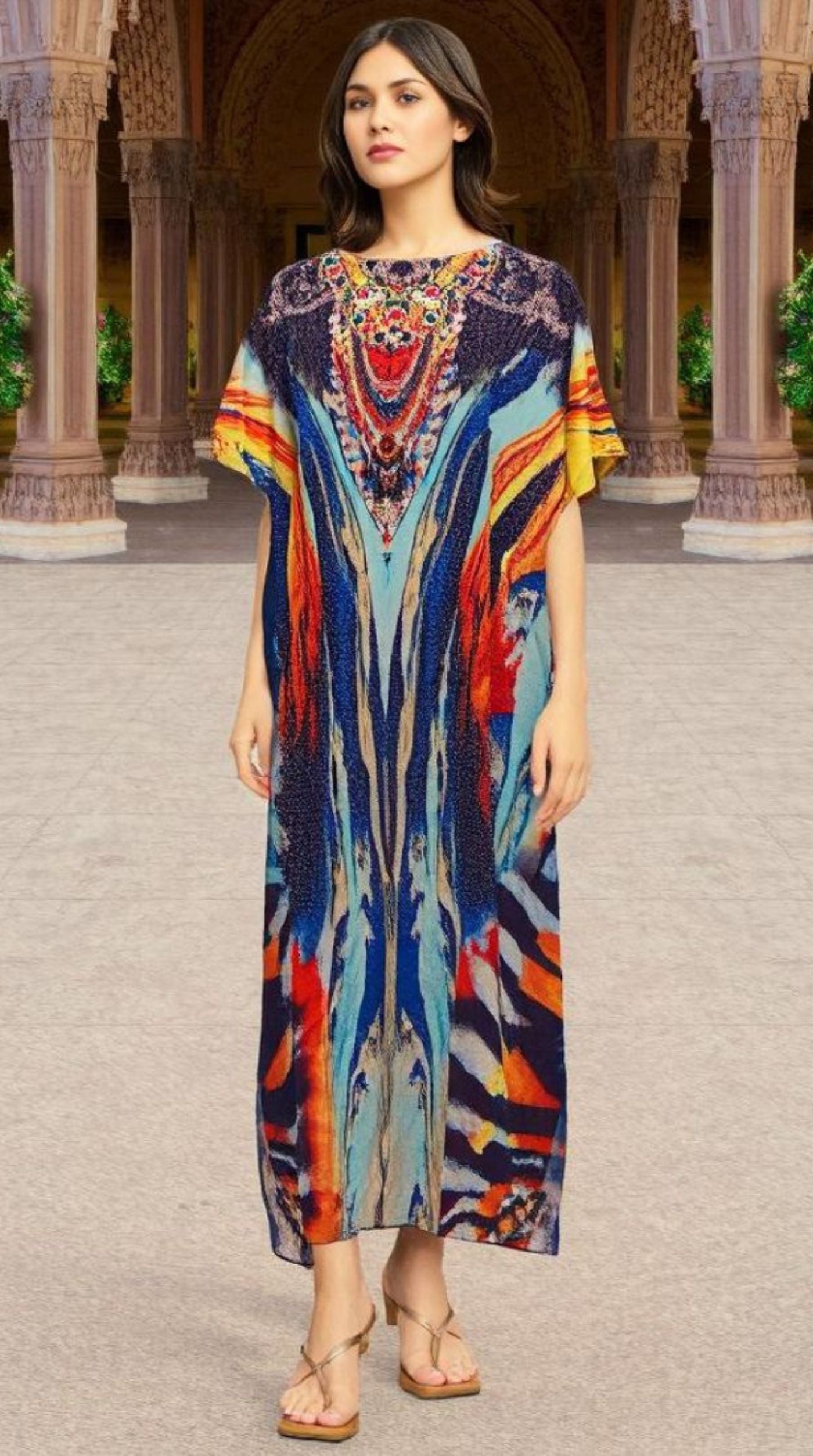 Red Digital Printed Kaftan With Silver Stone Embroidery