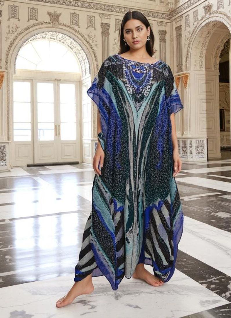 Black Digital Printed Kaftan With Silver Stone Embroidery