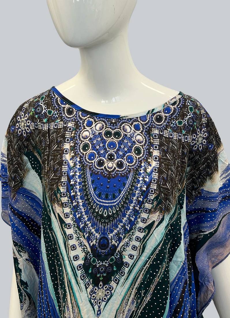 Black Digital Printed Kaftan With Silver Stone Embroidery