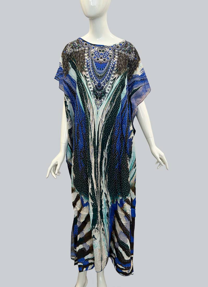 Black Digital Printed Kaftan With Silver Stone Embroidery