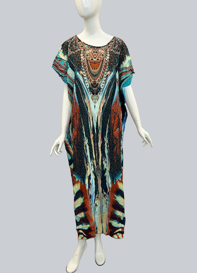 Blue Digital Printed Kaftan With Silver Stone Embroidery