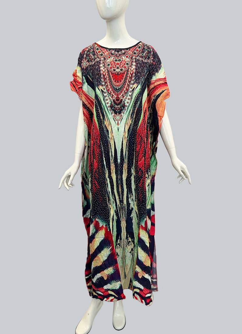 Green Digital Print Kaftan With Silver Stone Embroidery