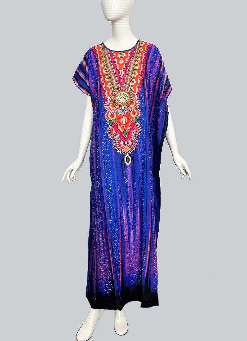 Blue Digital Print Kaftan With Silver Embroidery