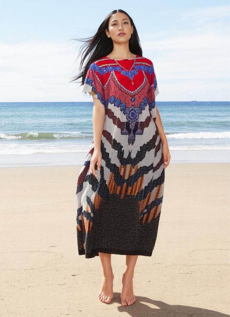 Red Digital Print Kaftan With Silver Embroidery