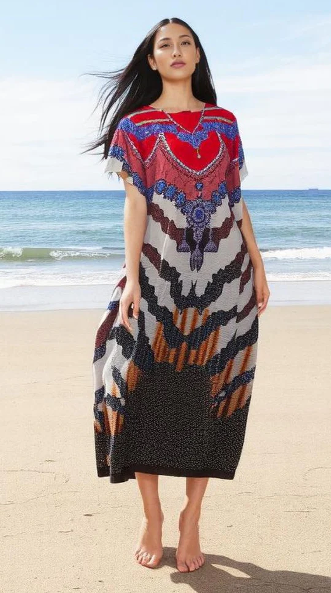 Red Digital Print Kaftan With Silver Embroidery