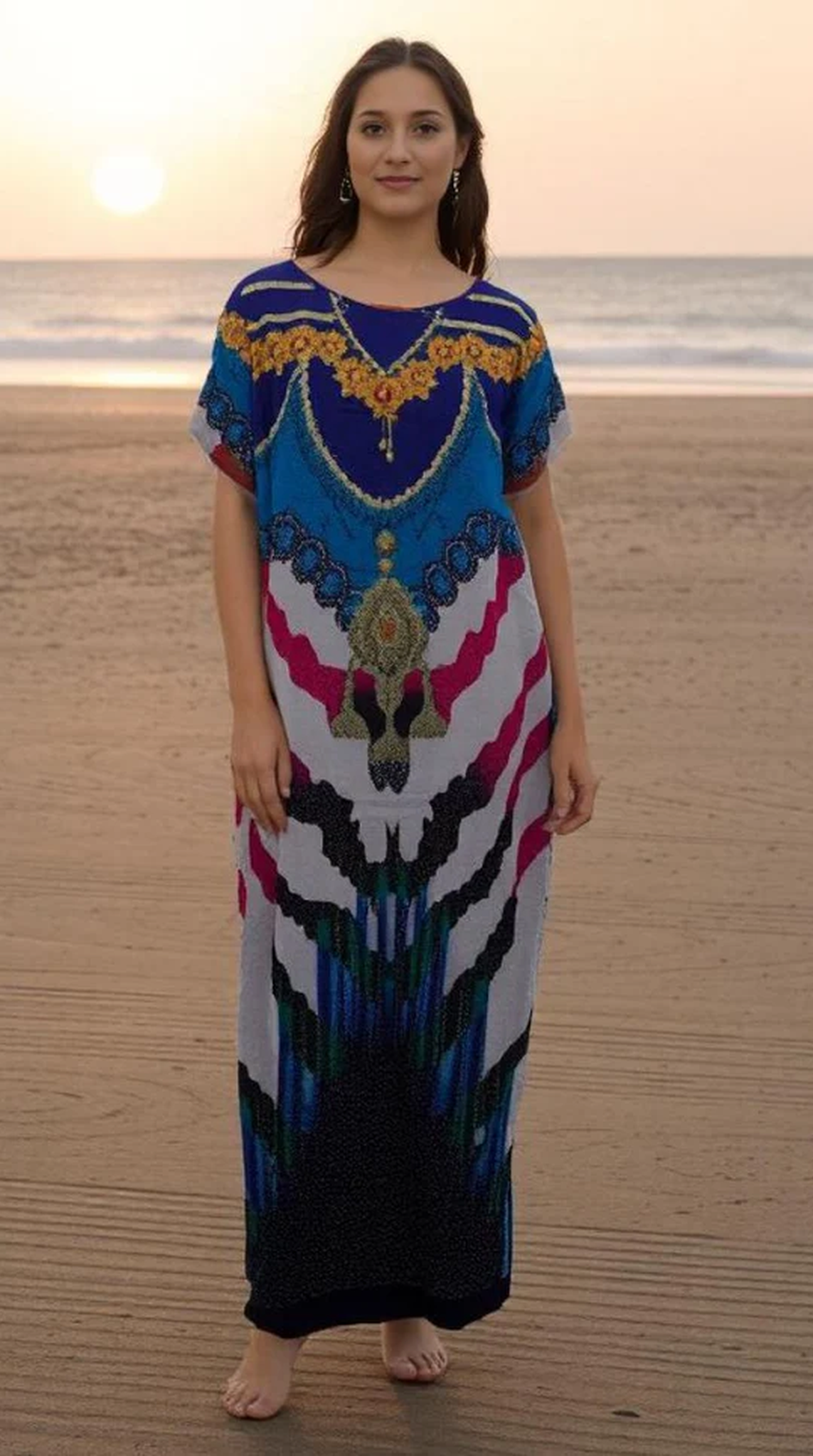 Blue Digital Print Kaftan With Embroidery