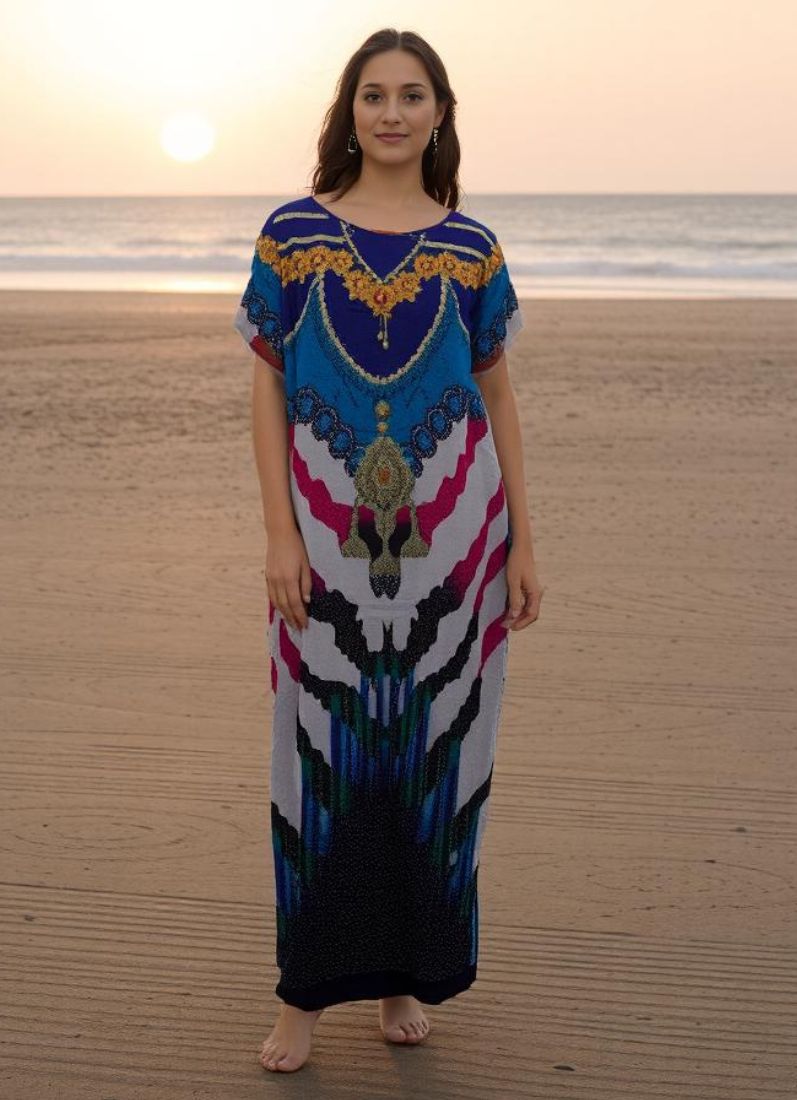 Blue Digital Print Kaftan With Embroidery
